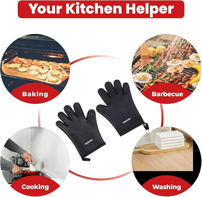 Silicone BBQ Cooking Gloves with Meat Smoker Guide,Heat Resistant Oven Mitts with Fingers,Long Protective Cotton Lined Barbecue Grilling Gloves 1 Pair for Kitchen, Cooking, and Baking Gifts (Black)