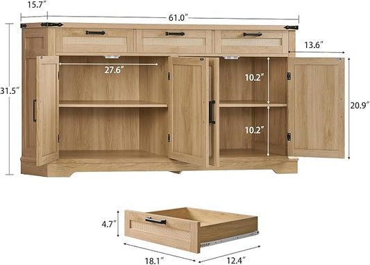 usikey 61โ Large Buffet Cabinet with Storage, Sideboard Cabinet with 4 Doors and 3 Drawers, Farmhouse Buffet Table, Dining Room Storage Cabinet for Kitchen or Living Room, Natural