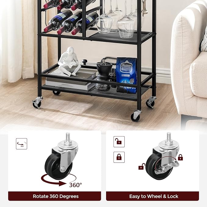 MAHANCRIS Bar Cart for Home, 3-Tier Serving Cart with Wheels and Handle, Beverage Cart with Wine Rack and Glass Holders, Rolling Wine Cart for Kitchen, Dining Room, Charcoal Gray and Black RCHT6101