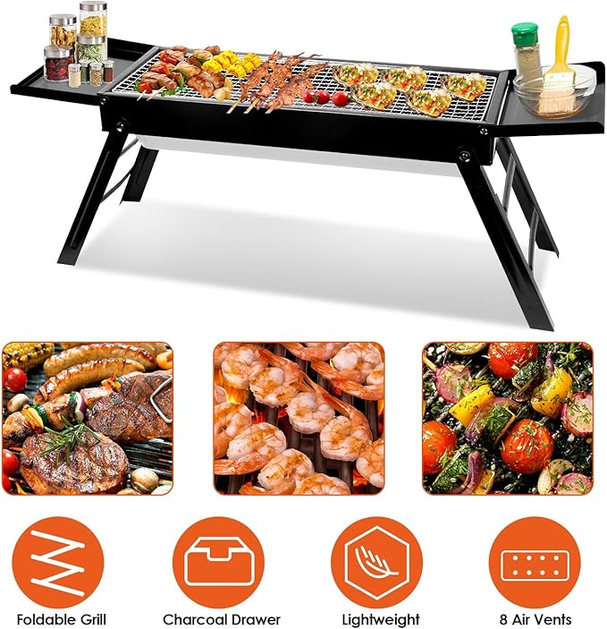 Foldable Charcoal BBQ Grill,Shelf Stainless Steel Grill Net Easy Setup Portable Tabletop Barbecue Grill for Camping Picnic Outdoor Party Backyard,Standard
