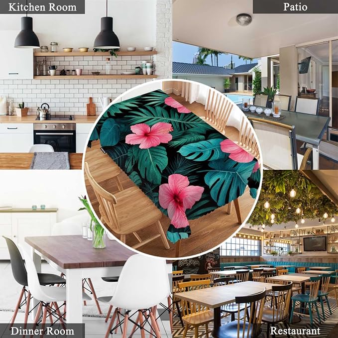 Swono Palm Leaves Table Cover Tropical Flower Jungle Palms Hibiscus 50x72 Inch Table Cloth for Rectangle Tables Buffet Parties Coffee BBQ and Dinning Tablecloth