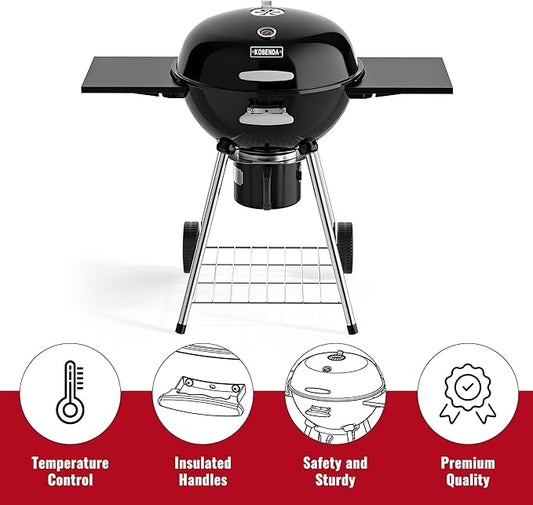 Kettle Charcoal Grill with Porcelain-Enameled Lid & Ash Cup, Adjustable Vents, Foldable Side Table for Outdoor Barbecue, Patio and Picnics, Black