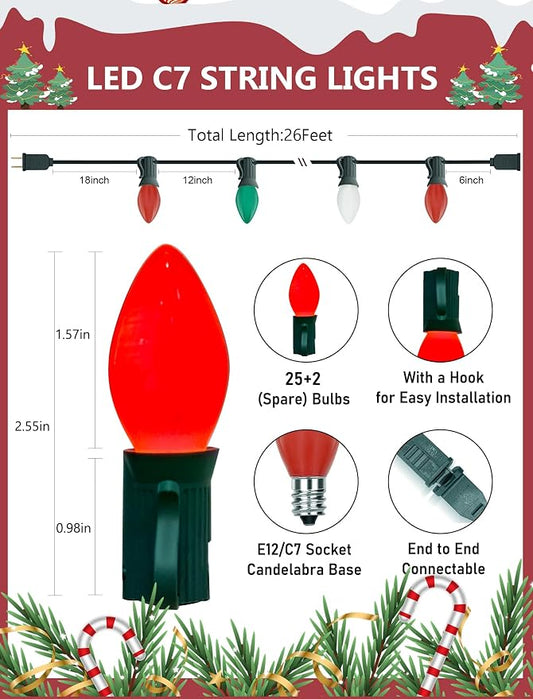 C7 Multicolor Vintage Christmas Lights, 26Ft Red White and Green Christmas Outdoor String Lights with 27 LED Bulbs, Hanging Old Fashioned Lights for Xmas Tree Patio Roofline Party Wedding Decoration