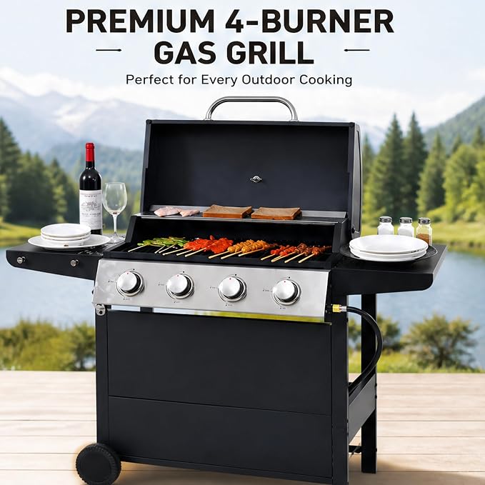 44.8 Inch Outdoor Kitchen Island, 4 Burner 34,000 BTU Stainless Steel Propane Gas Grill Bar with Two Shelves, Lid, Wheels and Bottle Opener