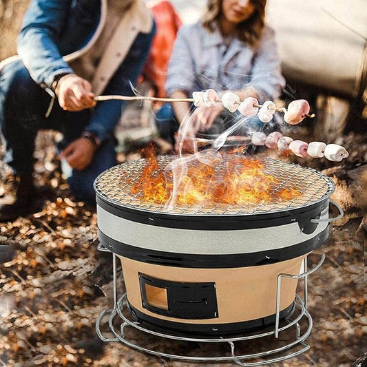 AIZYR Japanese Ceramic Clay Charcoal Grill, Round Barbecue Charcoal Grill Tabletop Charcoal Stove Cooker with Food Tongs, Be Applicable Outdoor Indoor Camping Get Together