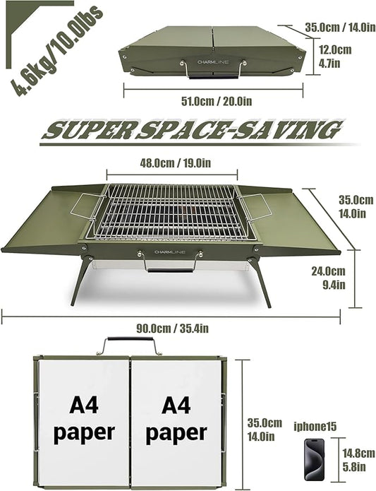 Charmline 20x14inch Big Foldable Portable Charcoal Grill, Charcoal Grills for Camping, Picnics, Gardens and Beach Parties, Green, With 44x24in Fireproof Mat