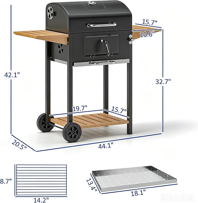 Portable Charcoal Grill with Foldable Side Shelf & Bottom Shelf, BBQ Smoker with Wheels and Adjustable Lid Vents for Picnic, Camping, Backyard Cooking (44.1" W x 20.5" D x 42.1" H)