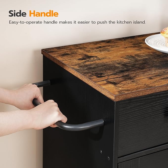 HOOBRO Kitchen Island, Storage Cabinet with Drawer, Kitchen Cart with Spice and Towel Rack, Saving Space, Easy Assembly, for Living Room, Rustic Brown and Black FB12ZD01