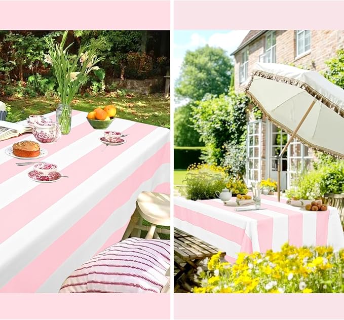 2 Pack Pink and White Striped Tablecloth Rectangle 60x84inch Polyester Fabric Washable Table Cloth for Afternoon Tea Birthday Party Picnic Barbecue Gathering Indoor Outdoor Dining Table Decor