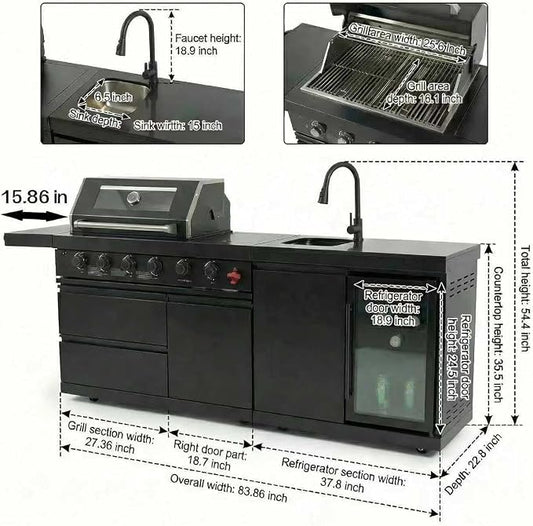 5-Burner Stainless Steel Grill with Rotisserie Oven,Mini Wine Fridge,Side Burner,Sink.Included Natural Gas converter.Black