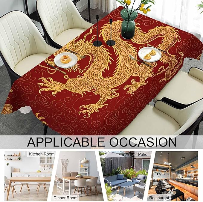 Dragon Decorative Tablecloth, Chinese Dragon Golden Red Kitchen Table Cover Oblong 52"X70" Tablecloths Dining Table Cloth Decor for Buffet Parties Patio and Camping
