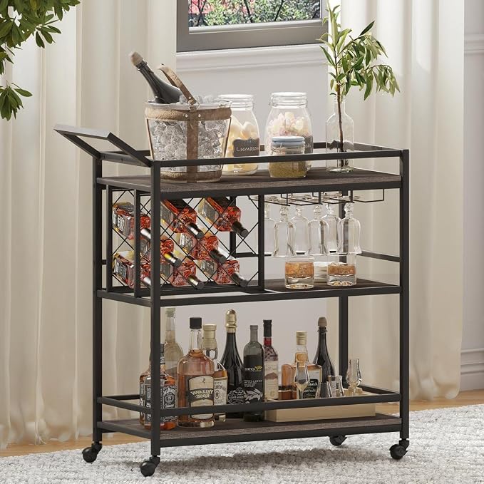 Bar Cart for The Home with Wine Rack and Glasses Holder, Small Home Bar Serving Cart on Wheels for Liquor and Alcohol (Walnut Brown)