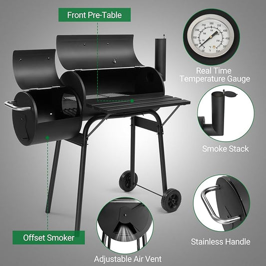 Outdoor BBQ Charcoal Grill, Portable Barrel Charcoal Grill for 6-10 People with Offset Smoker & Wheels for Patio Backyard Picnic Cooking Camping