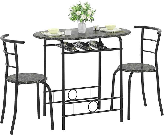 VECELO 3-Piece Dining Table Set for Kitchen Breakfast Nook, Wood Grain Oval Tabletop and Metal Frame with Built-in Wine Rack, for Small Spaces, Faux Marble Black