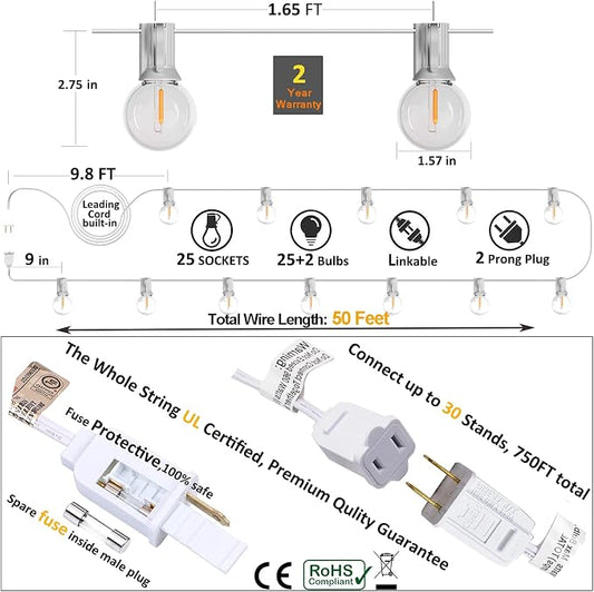 Outdoor Globe String Lights White - G40 Outdoor Lights Patio String Lights Linkable Waterproof with 27 Shatterproof Clear Bulbs(2 Extra) for Wedding Party Pergola Gazebo Lights