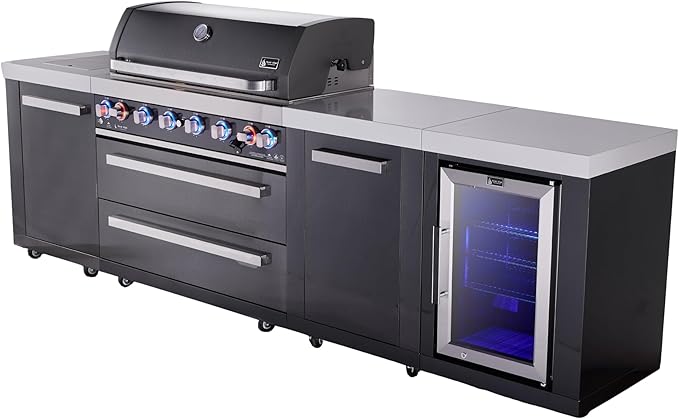 Mont Alpi 119"W x 23"D x 46"H Black Stainless Steel Outdoor Kitchen Island with Refrigerator + 44"W 6-Burner BBQ Grill + Granite Countertops + Storage Cabinets + Chopping Board + Rotisserie + Cover