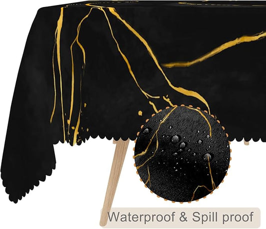 70x140inches Black Gold Marble Rectangle Tablecloth Luxury Marble Texture Gold Line Polyester Table Cover Waterproof Stain Resistant Table Cloth for Dinner Home Balcony Cafe Indoor Outdoor Use
