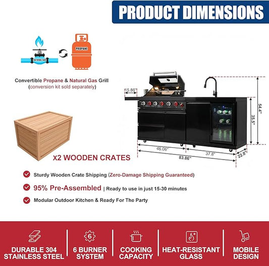84" Modular Outdoor Kitchen Island, 75,300 BTU 6-Burner 304 Stainless Steel Gas Grill, Prefab BBQ Island Station with Side Burner, Rotisserie Kit, 70L Fridge & Sink, Propane to Natural Gas Ready