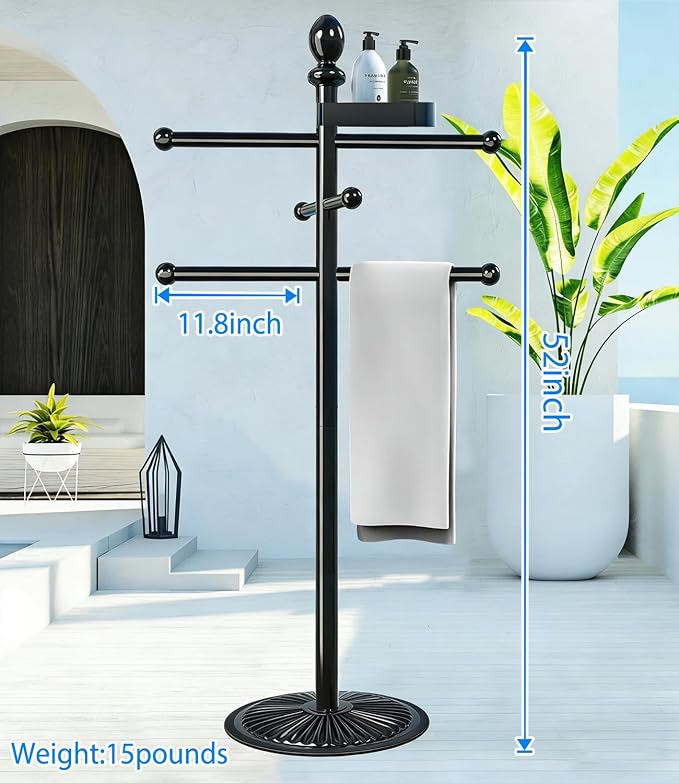 Yozoluck Pool Towel Rack Outdoor, 6 Bars with Top Tray Metal Heavy Duty Never Tilt Pool Accessories with Heavy Metal Base, Hot Tub Accessories Towel Dying Rack Towel Stand for Pool, Hot Tub etc