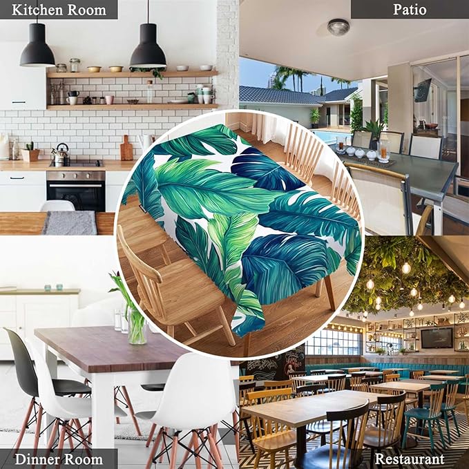 Swono Tropical Leaves Tablecloth Ocean Beach Turquoise Green Palm Leaves Rectangle Table Cloth Washable Plaid Table Cover for Kitchen Holiday Dinner, 52x 70 Inch Tablecloth