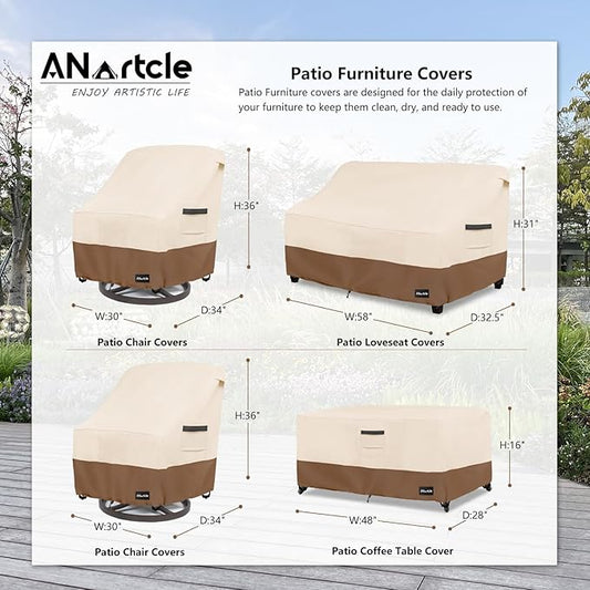 ANartcle Patio Furniture Covers 4 Piece Set, 600D Waterproof Heavy Duty Outdoor Furniture Covers,Fit Wicker Patio Loveseat, Swivel Rocker Chair and Coffee Table,Beige&Brown