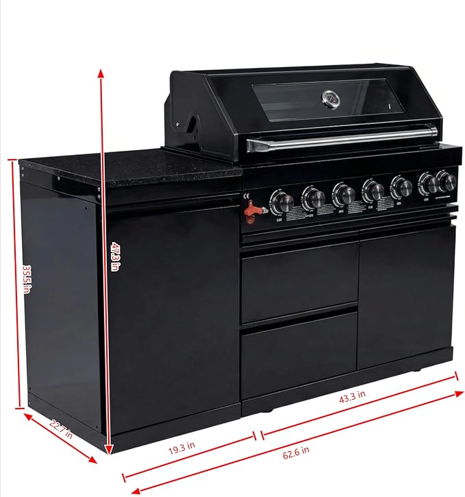 63 Inch Outdoor Kitchen Island, 6-Burner 85000 BTU Propane Stainless Steel BBQ with Side/Rear Burners, Outdoor Kitchen Bar Barbecue Island Grill,Marble Countertops,For Backyard BBQ