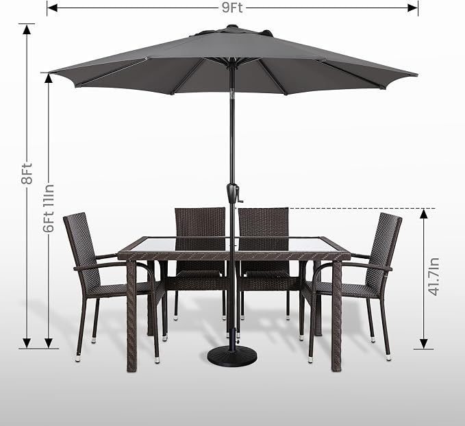 Sun-Ray 9' Round Patio Umbrella with Push-Button Tilt and Hand Crank Lift System, Market Umbrella for Porch, Deck, and Patio