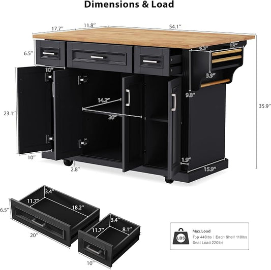 Ball & Cast Large Kitchen Island with Rubber Wood Drop Leaf,Embossed Texture Rolling Kitchen Cart On 4 Wheels W/4 Doors & 3 Drawers,Mobile Kitchen Islands W/ Storage for Kitchen,Dining Room,Black,54"