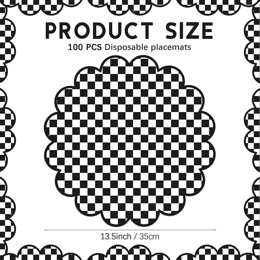 100Pcs Checkered Paper Placemats Black Gingham Place Mats 13.5 Inch Disposable Round Decorative Dining Table Mat with Scalloped Edge Paper Cutouts Decor for Picnic BBQ Table Party Supplies