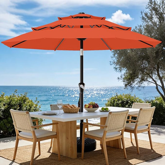 AreShark 9ft 3-Tier Patio Umbrellas, Outdoor Umbrella with 8 Sturdy Ribs UV Protection Windproof, Market Table Umbrella w/Push Button Tilt & Crank for Pool, Porch, Deck, Garden(Orange)