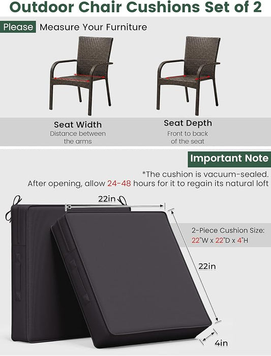 Outdoor Chair Cushion 22 x 22 x 4 Inches Patio Furniture Outdoor Waterproof Seat Cushion, Patio Chair Cushion with Handles and Ties, Square Dining Chair Cushion Set of 2, Grey