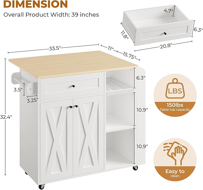 IRONCK Kitchen Island with Drop Leaf and Wine Rack, Rolling Kitchen Island on Wheels with Storage, Kitchen Island Cart with 3 Spice Rack, 3 Open Shelves, and Drawer, White