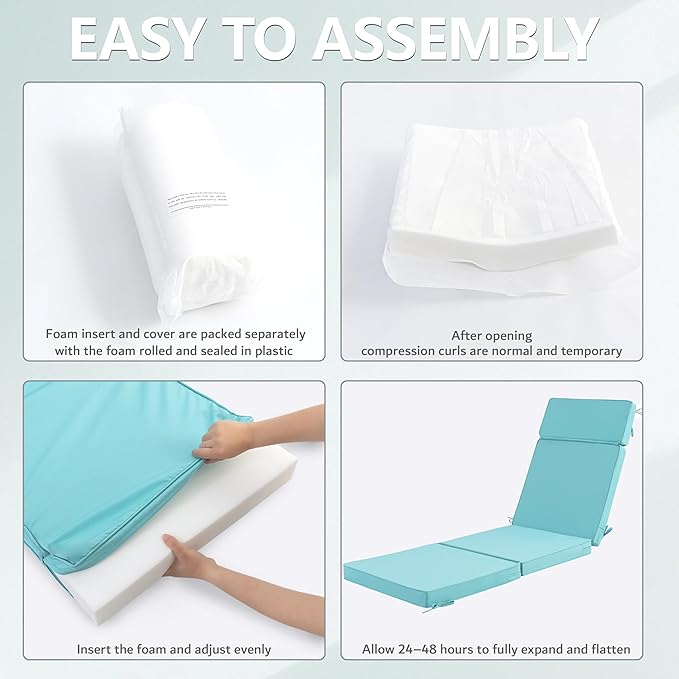 80 x 26 Inch Outdoor Chaise Lounge Cushions Set of 2 - Removable Cover, 4-Section Design, Water-Repellent & Fade-Resistant, 6 Tie Straps, Replacement for Patio & Pool Chairs - Light Blue