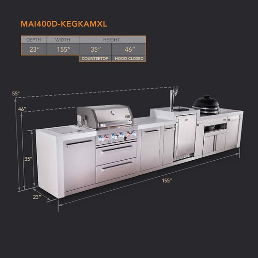 Mont Alpi Premium 4-Burner 155" Deluxe Stainless Steel Island Modular Outdoor Kitchen Island BBQ Gas Grill + Infrared Side Burner + Kegerator + Kamado + Storage Drawers and Cabinets + Rotisserie Kit