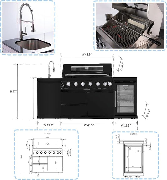 82'' Outdoor Kitchen Island, 6 Burner Modular Outdoor Kitchen, 85000 BTU | LPG, Outdoor Kitchens with Sink, 304 Stainless Steel, Refrigerator, Rotisserie kit, Granite Countertops, Black