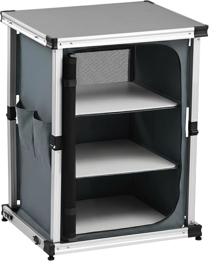 VEVOR Folding Camping Storage Cabinet, Outdoor Portable Aluminum Lightweight Table, Quick Set-up Compact Kitchen Cook Station, with 3 Shelves and Carry Bag, for Picnic, BBQ, Camping, RV Traveling
