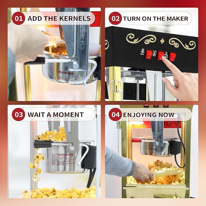 12 Oz Popcorn Machine with Cart, Vintage Movie Theater Style Professional Cart with 4 Cups & 1 Scoop, Pop Corn Popper for Home Theater, Parties, Events, Black