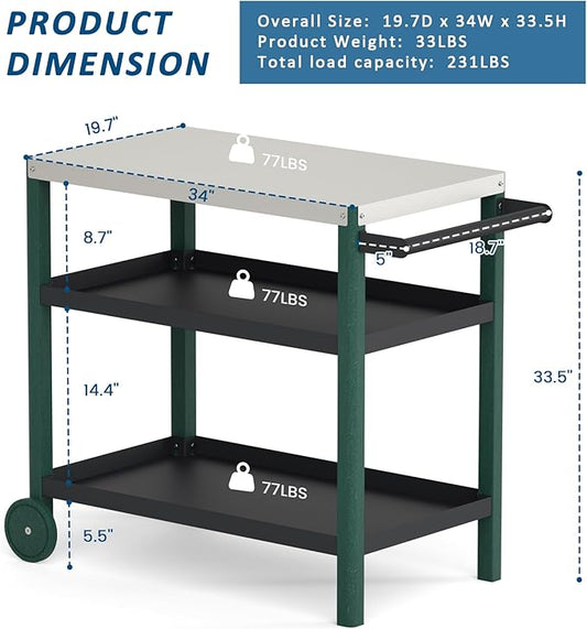 TORVA Outdoor Prep Grill Cart, Honeycomb Style Wear-Resistant Tabletop with High Load-Bearing Portable BBQ Cart, HDPE Durable Frame 3-Tier Storage Cart, Black Green