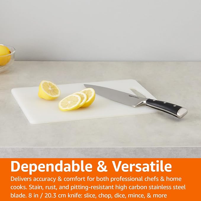 Amazon Basics Classic 8-inch Full Tang High Carbon Stainless Steel Chef's Knife, Multipurpose Kitchen Knife with Three Rivets, Silver (Pack of 12)