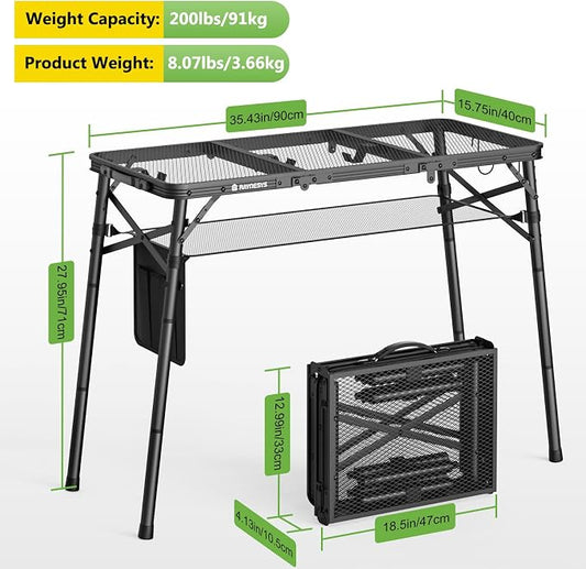 Raynesys Portable Folding Grill Table for Outside for Picnic, Camping | 3 Height Adjustable Small Camping Table with Mesh Bag, Metal Aluminum Folding Table, 35.43x15.75 inches, Black