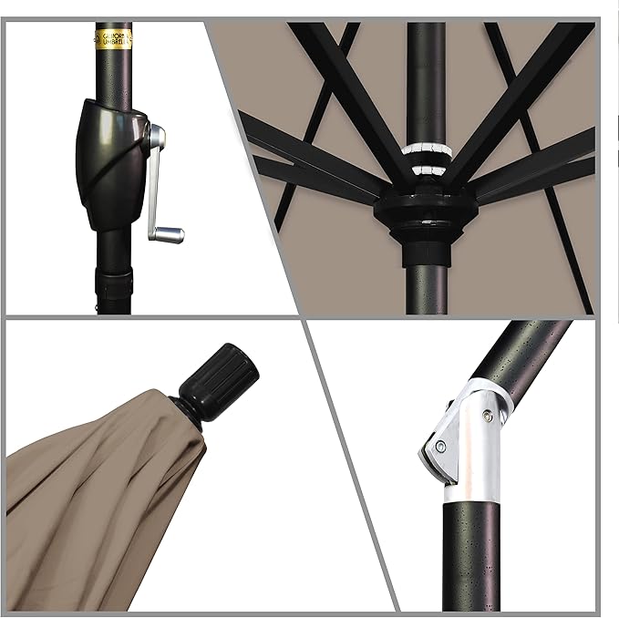 California Umbrella 9' Round Aluminum Market Umbrella, Crank Lift, Push Button Tilt, Black Pole, Sunbrella Taupe