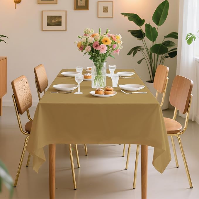 54 Inch X 100 Feet Plastic Table Cover Roll Premium Disposable Plastic Tablecloth for All Type/Shape Tables | Picnic, Party, Banquet, Birthdays, Weddings (Gold, 54 Inch X 100 Feet)