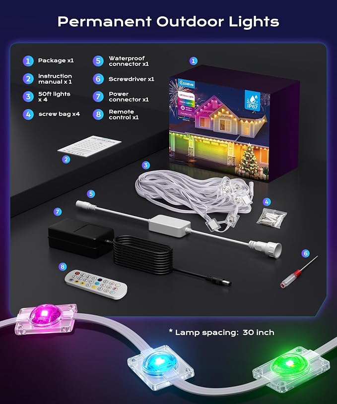 Permanent Outdoor Lights for House,200ft RGB+IC Lights with 16 Million Colors & 50 Scene Modes, App/Remote Control, IP67 Waterproof, DIY Music Sync, for Christmas, Holiday & Party Decor