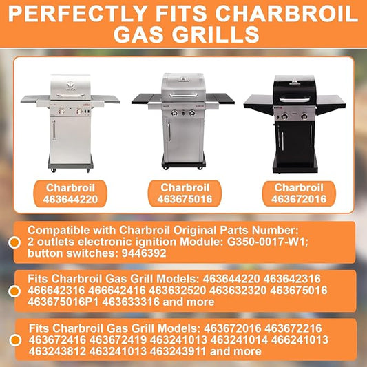 DHLG-12 Grill Igniter Kit G511-0055-W1 for Charbroil Ignitor Replacement, G350-0017-W1 2 Outlet BBQ Electronic Ignition Module with Wires and 2 Igniter Buttons for Charbroil Surefire Ignition Systems