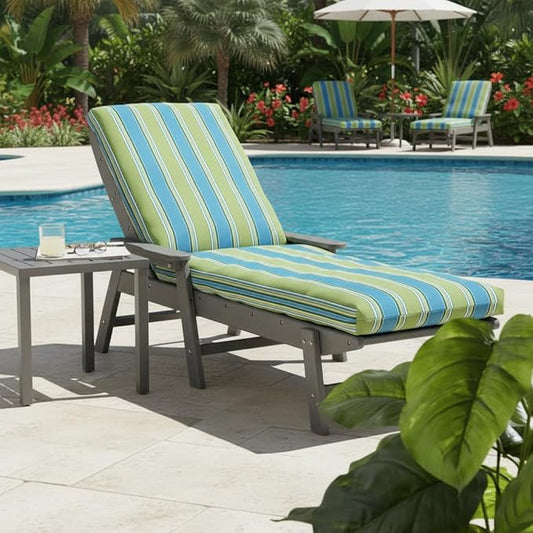 Modern Outdoor Chaise Lounge Cushion with Ties – Durable Polyester Fabric, Channel-Filled Polyfiber Insert, Removable Zippered Cover, Cayman Stripe