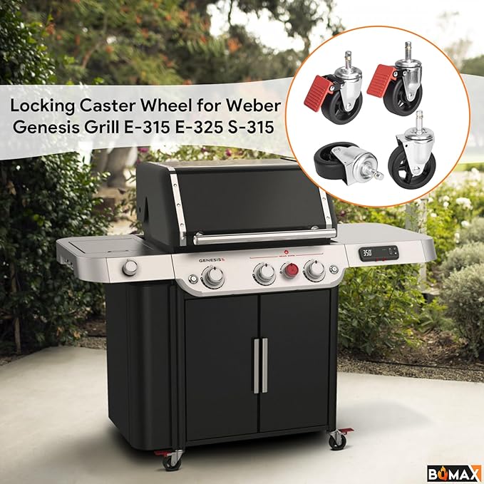 BQMAX Grill Wheels for Weber Genesis 300/400 Series Grills (2022+), Locking Caster Wheel Set for Weber Genesis Grill Parts E-315 E-325 S-315 for Weber Grill Wheels Replacement