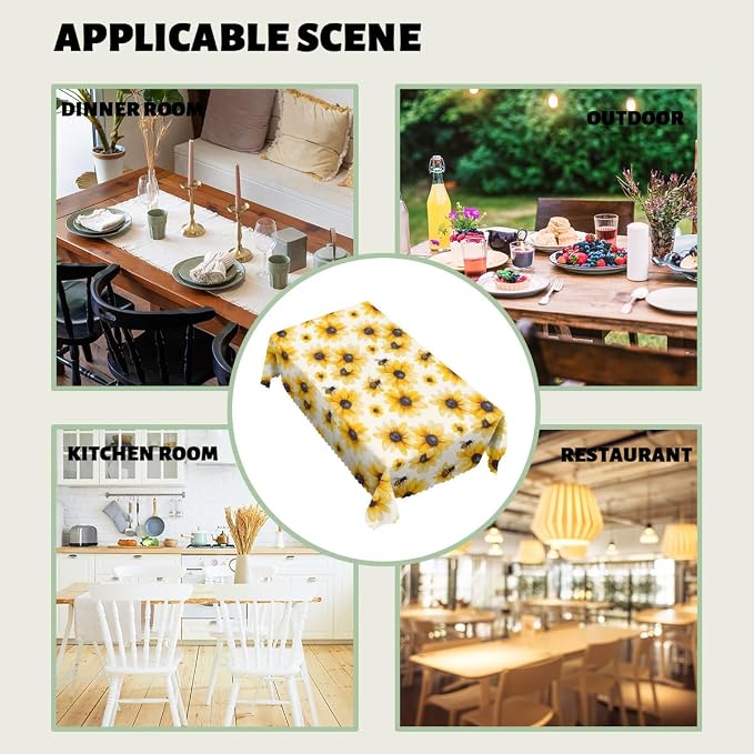 Summer Table Cloth Rectangle Tables Yellow Sunflower Bumble Bee White Fall Rectangle Table Cover Anti-Oil Tablecloth for Dining Tables, Parties, Wedding and Banquet Decoration 52" x 70" 4-6 Seats