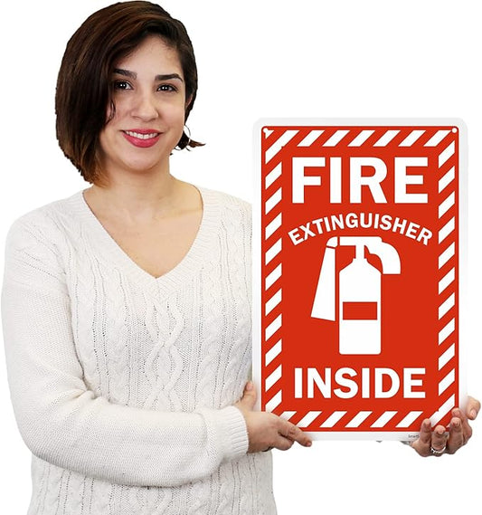 SmartSign 18 x 12 inch โFire Extinguisher Insideโ Sign with Pre-cleared Holes, Digitally Printed, 55 mil HDPE Plastic, Red and white, Made in USA
