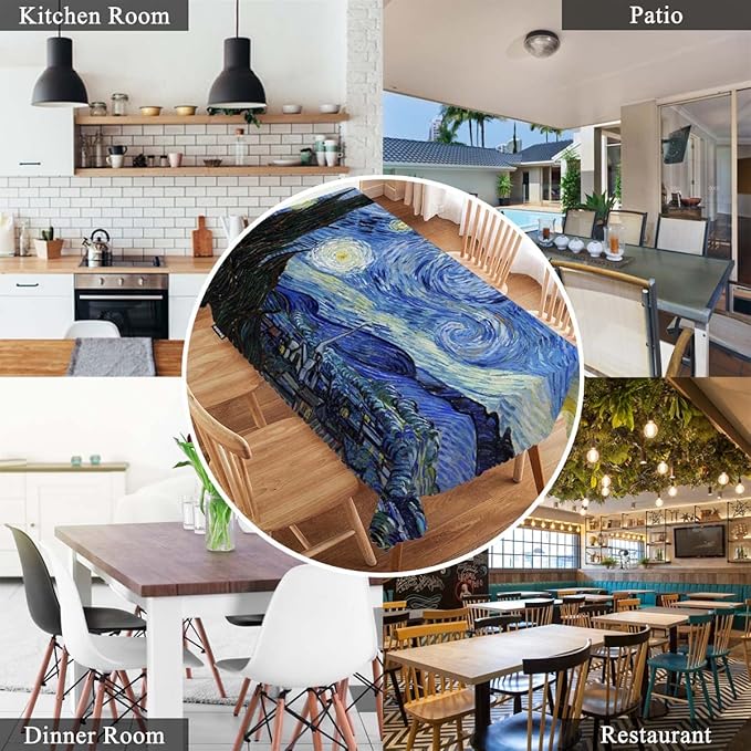 Swono Van Gogh Table Cloth Abstract Starry Night Art Painting Rectangular Tablecloth Picnic & BBQ Table Cover Polyester Kitchen Home Dining 50x72 Inch