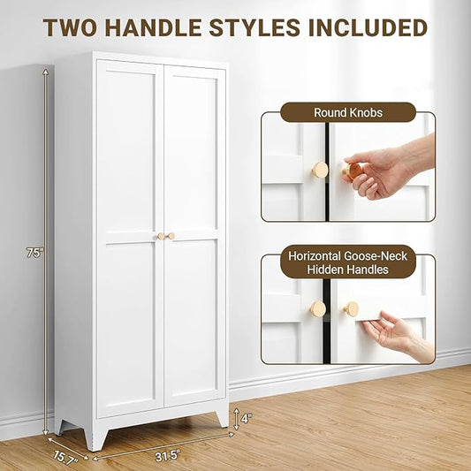 75" Tall Metal Kitchen Pantry Cabinet, Freestanding Steel Storage Cabinet with Doors, 5 Adjustable Shelves, for Dining Room, White